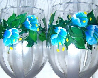 Blue silver floral stemware, hand painted , set of two, blue flowers, silver stripes