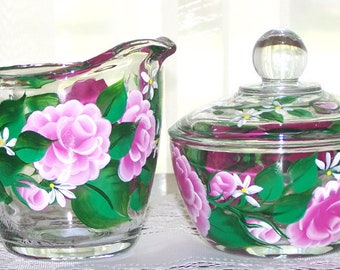 Cream and Sugar , Server Set , Hand Painted , Pink Roses ,