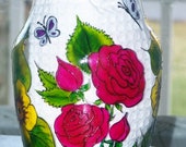 Vase, painted roses, yellow flowers, butterflies, stained glass effect