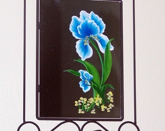 Blue iris, wall mirror, hand painted,yellow flowers, iris mirror ,black ,white mirror