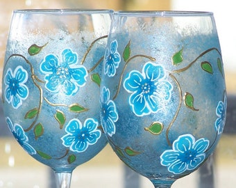 Painted wine glass, aqua blue glass, hand painted stemware, aqua flowers, blue flowers