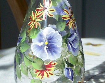 vase, hand painted vase, purple pansies, pansy and buds