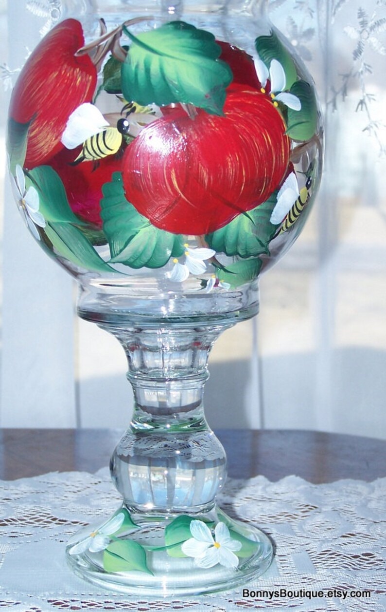 Ivy bowl hand painted, hand painted vase, red apples, bumble bees, apple blossoms image 2