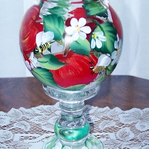 Ivy bowl hand painted, hand painted vase, red apples, bumble bees, apple blossoms image 1