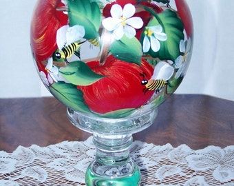 Ivy bowl hand painted, hand painted vase, red apples,  bumble bees, apple blossoms