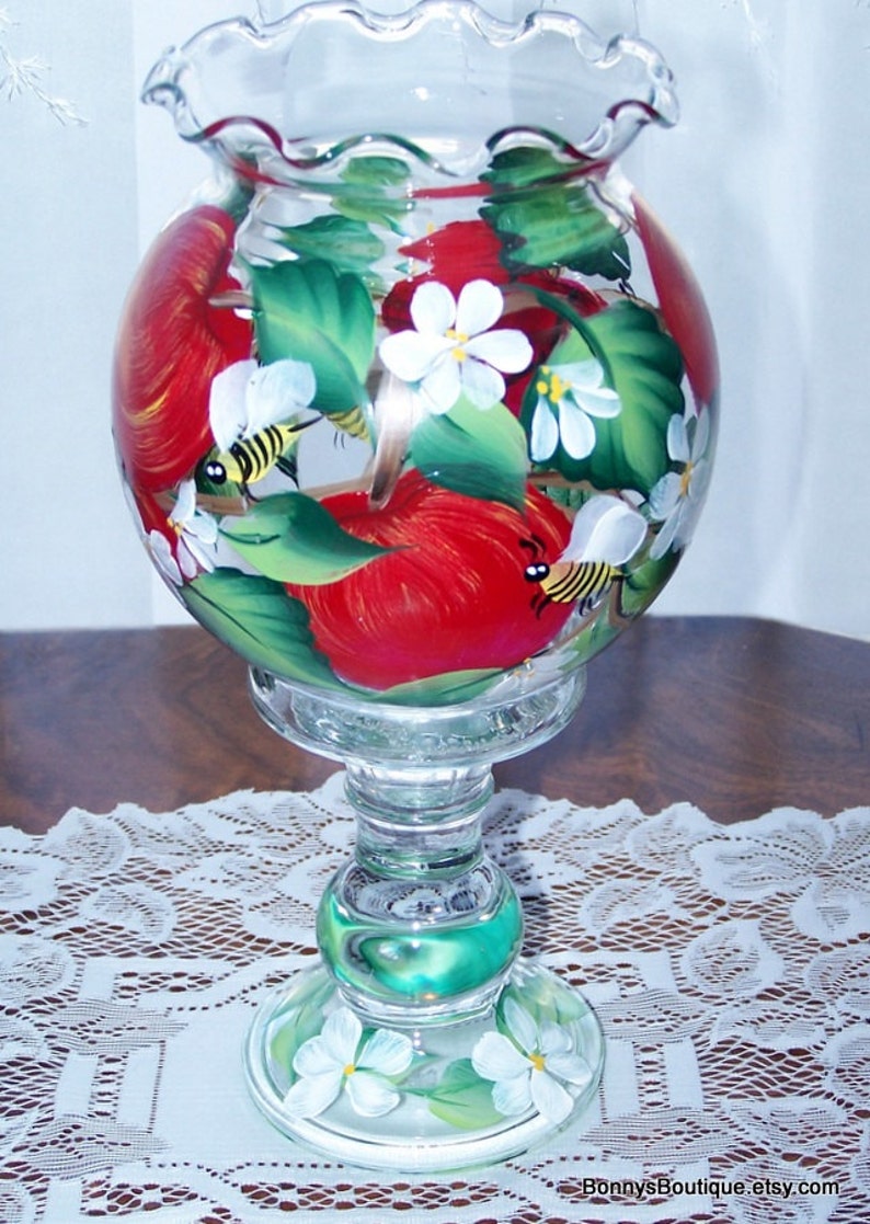 Ivy bowl hand painted, hand painted vase, red apples, bumble bees, apple blossoms image 1