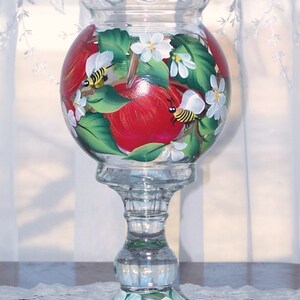 Ivy bowl hand painted, hand painted vase, red apples, bumble bees, apple blossoms image 3