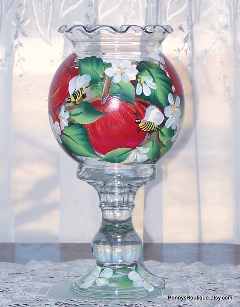 Ivy bowl hand painted, hand painted vase, red apples, bumble bees, apple blossoms image 3