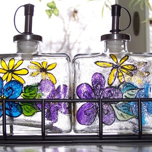 Oil and Vinegar Set with Rack , three piece O & V set , stained glass