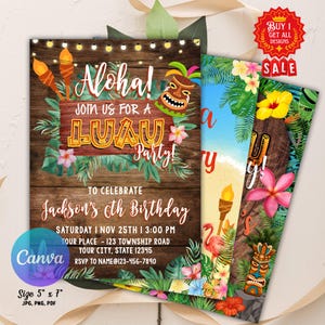 May include: A set of three Luau party invitations. The main invitation features the text "Aloha! Join us for a Luau Party!" on a wooden background, with tropical flowers and a tiki mask. The invitations are 5" x 7".