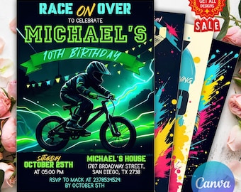 May include: A stack of birthday party invitations with a BMX theme. The main invitation is black with neon green and blue accents, featuring a cyclist and the text "Race On Over" and "Michael's 10th Birthday." Additional cards have colorful abstract designs.