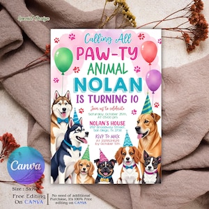 Editable Dog Birthday Invitation template, Puppy Birthday Invitation, Dog Invitation, Puppy Invitation, Pawty Invitation