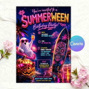 Summerween Beach Party Invitation, Summerween Surf Party Invitation, Skeleton Pool Birthday Invite, Spooky Beach Splash Bash, Editable Canva
