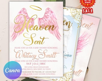 Heaven Sent Baby Shower Invitation, A Little Peace of Heaven Cloud 9 Girl Pink Sky Invite Editable Printable Download Digital Heaven