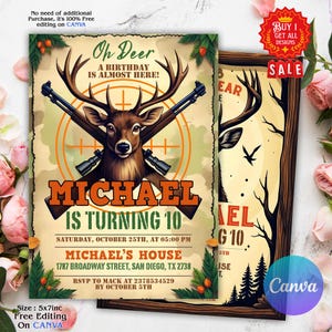 May include: A birthday invitation with a deer illustration, crossed rifles, and the text "Michael is turning 10." The invitation includes event details and the phrase "Oh Deer, A Birthday is Almost Here!"