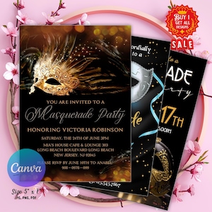 Masquerade Invitation, Black and Gold Masquerade Invitation, Masquerade Ball Invitation, Masquerade Invite, Masquerade Prom Invitation