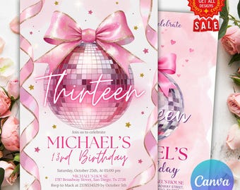 Coquette Bow Disco Party Invitation Personalized Printable Digital File Pink Party Invite Disco Ball Birthday Invitation, Disco Ball Bow