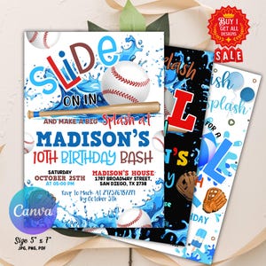Faire-part d'anniversaire dans la piscine de baseball, fête d'été au bord de la piscine, fête d'anniversaire sportive, invitation de baseball, fête de baseball modifiable au bord de la piscine