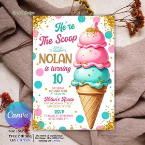 Ice Cream Birthday Invitation. Icecream Sweet Party Here&#39;s the Scoop Pink Purple Gold Girl Birthday EDITABLE Invite. Printable Download