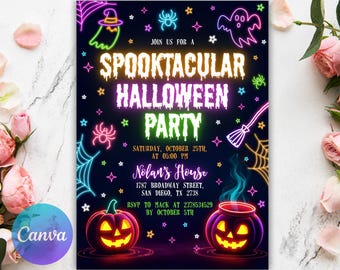 Editable Neon Halloween Party Invite, Glow, Template, Halloween Invitation, Halloween Spooky Party Invite, Fright Night, Glow Halloween