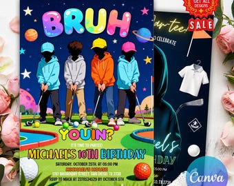 Mini Golf Birthday Invitation, BRUH YOU IN? Golf Invitation, Glow Party, Golf Party Invite, Editable Canva Template, Sports Birthday Party