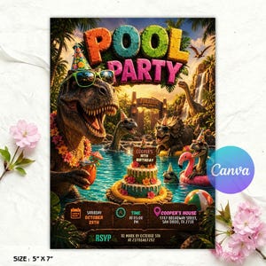 Dinosaur Pool Party Incitation, Two Rex Pool Invite Editable, Splish Splash Dino Pool Party Invitation, Boy Swimming Birthday Canva Template