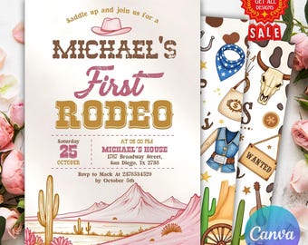 Sjabloon eerste rodeo uitnodiging, wilde westen verjaardagsuitnodiging, jongen meisje, cowgirl cowboy verjaardagsuitnodiging, mijn 1e rodeo uitnodiging 5 x 7 Canva