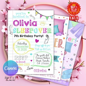 May include: A collection of sleepover party invitations with a pink floral background. The main invitation is a lined paper design with the text "Olivia Sleepover 7th Birthday Party!" and event details. Additional designs feature pillows and pajamas.