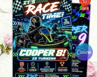 Peut inclure: Un flyer d'invitation d'anniversaire numérique avec un pilote de karting portant un casque, du texte néon IT'S RACE TIME et COOPER 8 IS TURNING, des drapeaux à damier et les détails de l'événement sur un fond sombre avec des néons.
