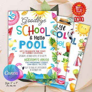 Modèle d'invitation au revoir à la piscine, bonjour à l'école, invitation imprimable à la piscine de fin d'école, invitation modifiable pour les vacances d'été, fin d'école