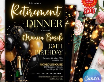 Retirement Party Invitation Template, Editable Retirement Dinner Elegant Black White Gold Sparkle Glitter, Retirement Party It's a Surprise