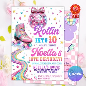 Może przedstawiać: Kolorowe zaproszenie urodzinowe z różowym i turkusowym wrotkami, kulą dyskotekową i tekstem "Rollin' into 10". Zaproszenie zawiera imię "Noella", szczegóły imprezy i prośbę o RSVP. Projekt jest zabawny.