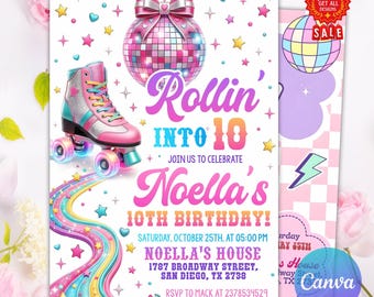 Roller Skating Birthday Invitation, Retro Neon Lights, Glow Roller Skating Party, Neon Party Invite, Roller Skating, Editable Canva Template