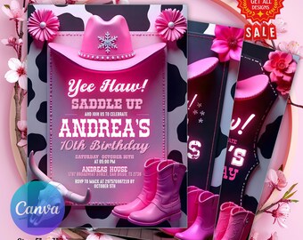 Editable Pink Cowgirl Birthday Party Invitation, Yee Haw Cowgirl Party, Rodeo Birthday, Printable Space Cowgirl Birthday Invitation Cowgirl