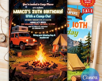 Editable Camping Birthday Invitation, Adventure Party Invitation, Adventure Forest Camp Birthday Invitation, Printable Canva Template