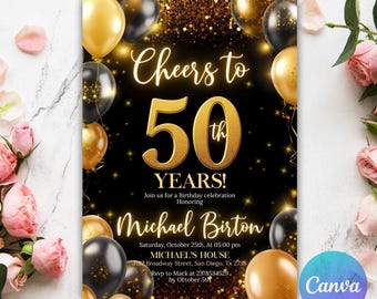 50th Birthday Invitation for Him, 50th Invite Template Evite, Black and Gold Birthday Party Invitation for Men, 50th Editable Canva Template