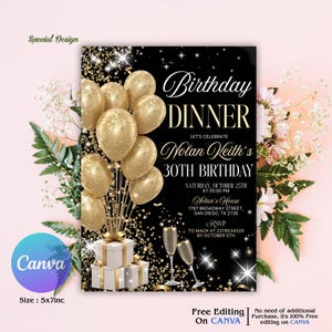 Digital Birthday Dinner Invitation Template, Black Tie Glam Invite, Animated Black Golden Diamond Evite For Men & Women, Gold Balloon