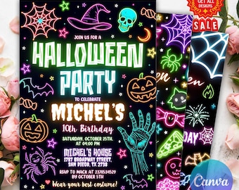Editable Neon Halloween Party Invite, Glow, Template, Halloween Invitation, Halloween Spooky Party Invite, Fright Night, Halloween Neon