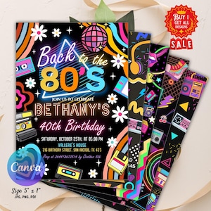 May include: A stack of invitations with a retro 80s theme. The main invitation features the text "Back to the 80's" and "Bethany's 40th Birthday". The invitations are 5" x 7" and include a sale banner.