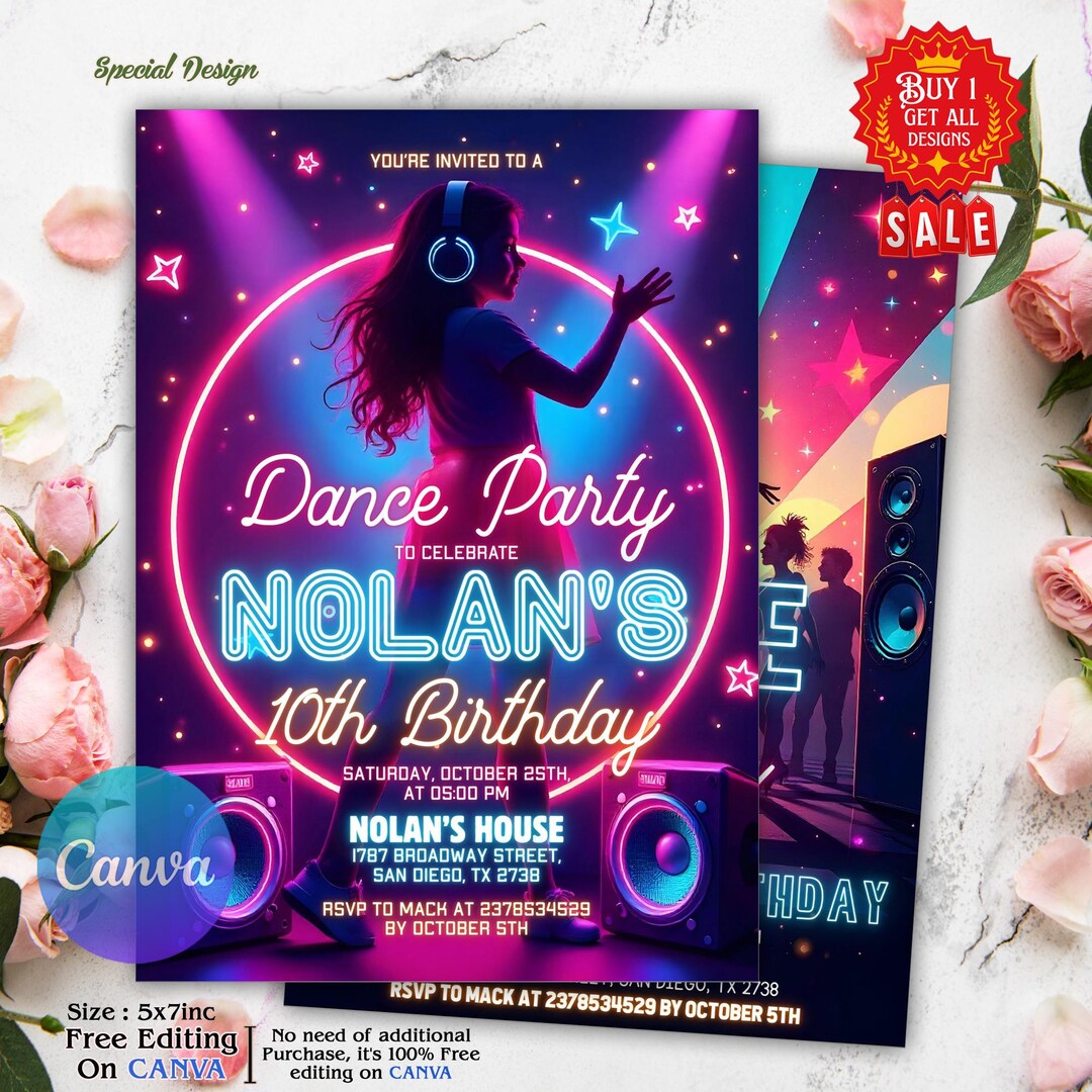 Editable Dance Party Invitation Neon Glow Dance Party Invitation Neon ...