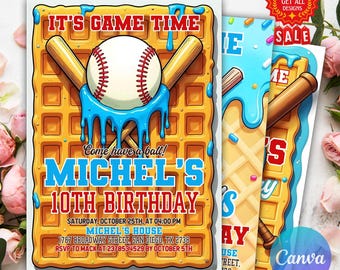 Invitación de cumpleaños de béisbol, plantilla editable de Canva, invitación digital de cumpleaños de béisbol, acceso y descarga instantáneos.