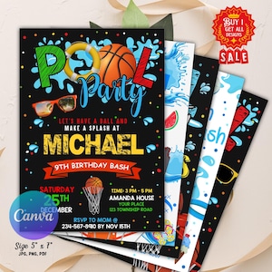 Invitation d'anniversaire de basket-ball dans la piscine, invitation d'anniversaire de basket-ball, invitation de piscine de sport, pool party imprimable numérique, invitation d'anniversaire port