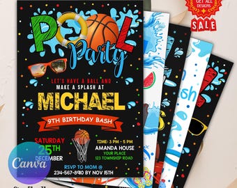 Basketball Pool Birthday Invite, Basketball Birthday Invitation, Sports Pool Invite, Pool Party Printable Digital, port Birthday Invitation