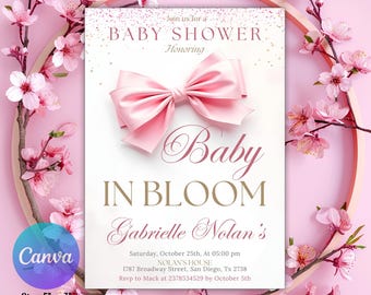 Invitación floral para baby shower, lazo rosa, bebé en flor, primavera, lazo floral, niña editable en Canva