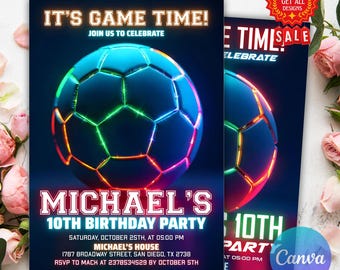 Neon Soccer Invitation, Neon Soccer Invite, Sports Invitation, Football Digital Invite, Sneakerball Birthday Invite, SOCCER Editable Canva