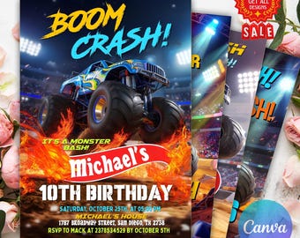 Monster Truck Birthday Invitation, Monster JUMP Birthday Invitation, Editable Canva Template, Boys Birthday Invite, Monster TRUCK Party