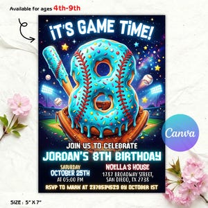Invitación de cumpleaños número 6 con temática de helado de béisbol y goteo, fiesta neón de helado de béisbol, invitación con goteo de béisbol, Canva editable para 4º, 5º, 6º, 7º, 8º y 9º cumpleaños