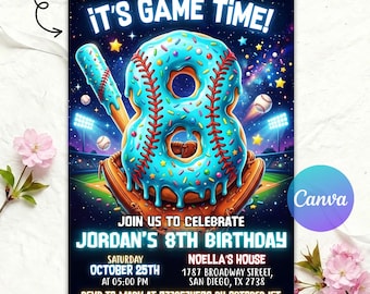 Baseball Ice Cream Drip 6th Birthday Invitation, Baseball Ice Cream Neon Party, Baseball Drip Invite, 4th 5th 6th 7th 8th 9th Editable Canva