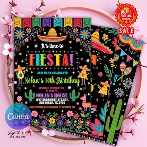 Fiesta Birthday Party Invitation Template, Mexican Birthday Invitation, Bright Colorful Florals, No time to Siesta Let&#39;s Fiesta, Girl Fiesta