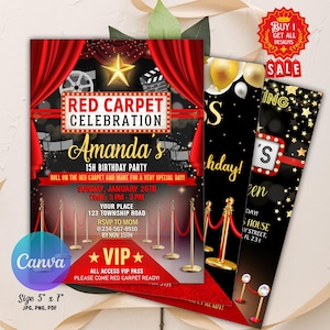 Editable Red Carpet Invitation, Red Carpet Birthday Party Invitation, Star Vip Pass Birthday Party Invite, Glamorous Hollywood Theme
